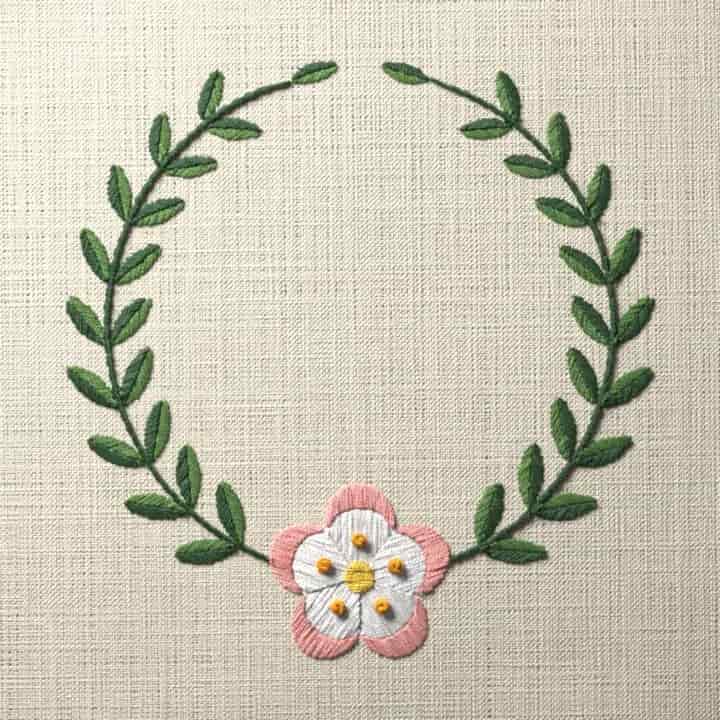 Apple blossom laurel wreath: preview of the stitched design