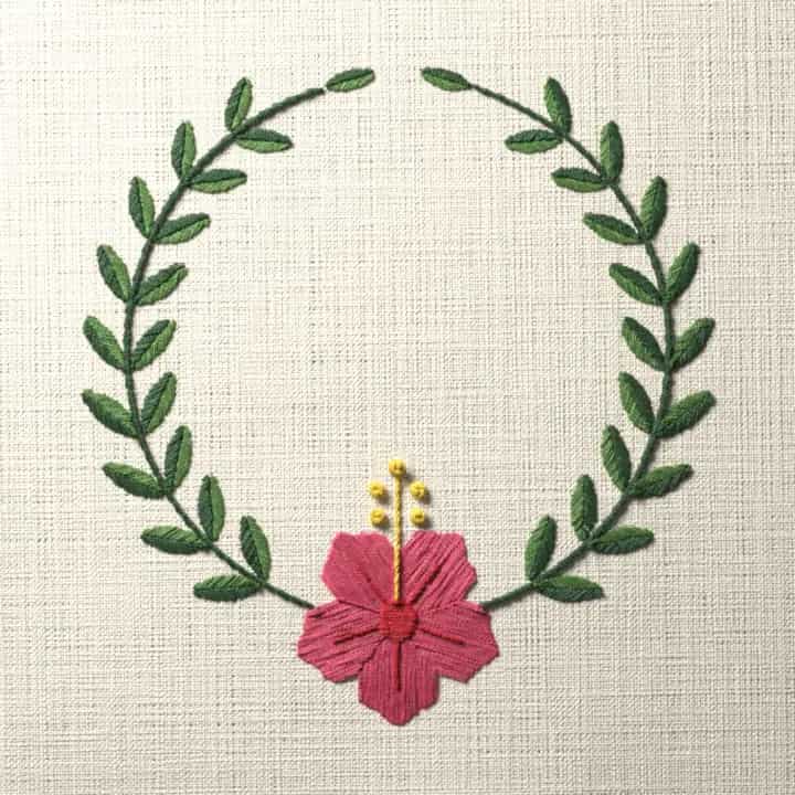 Hibiscus laurel wreath: preview of the stitched design
