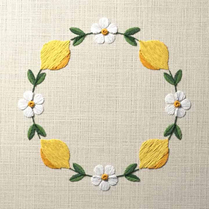 Lemon and blossom ring: preview of the stitched design