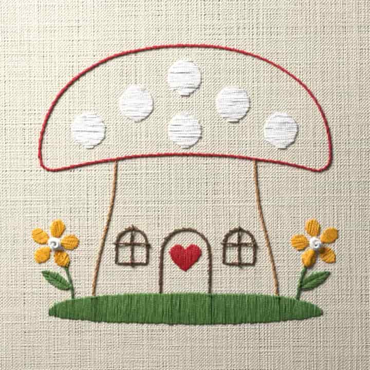 Little mushroom house: preview of the stitched design