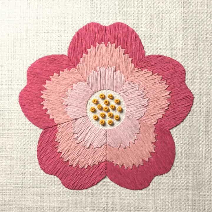 Long and short stitch dog rose: preview of the stitched design