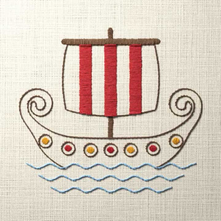 Viking longship with a striped sail: preview of the stitched design