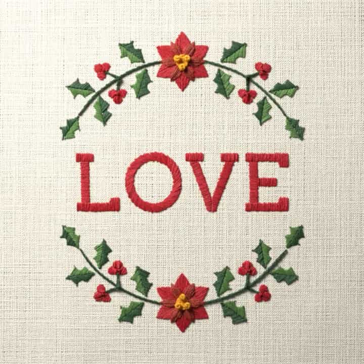 Love in holly: preview of the stitched design