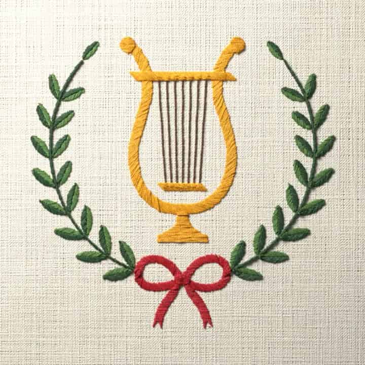 Lyre in laurel wreath: preview of the stitched design