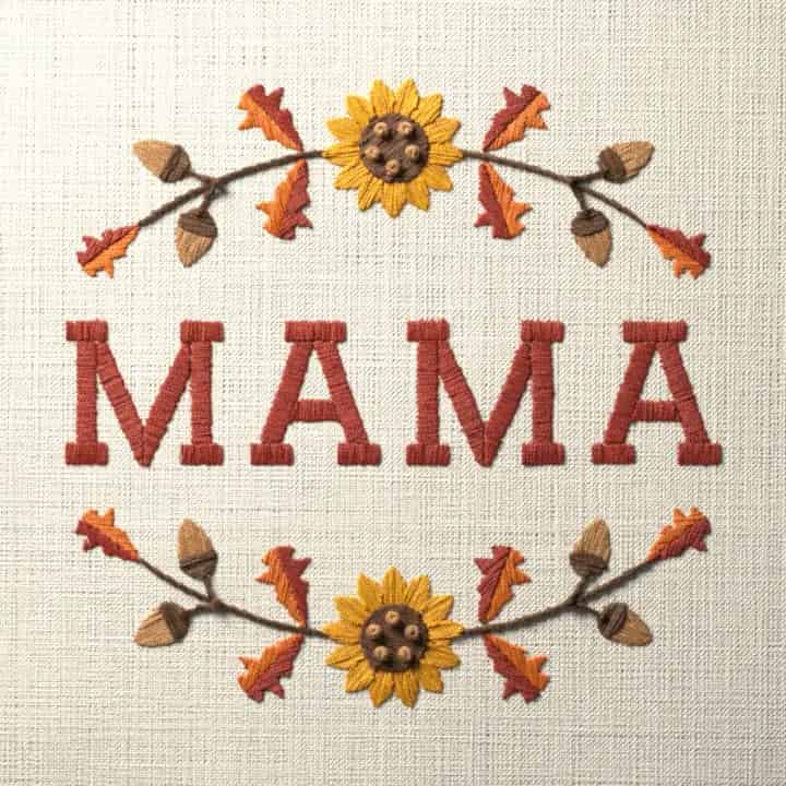 Mama in oak leaves: preview of the stitched design