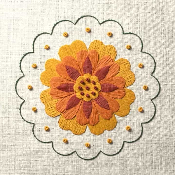 Marigold coaster: preview of the stitched design