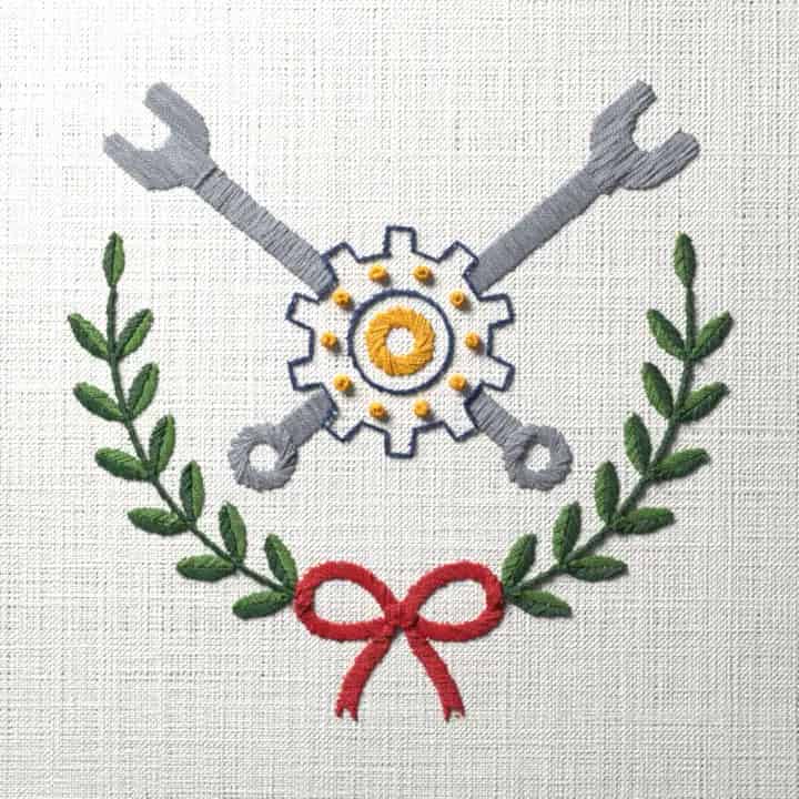 Mechanic’s cog and wrenches: preview of the stitched design