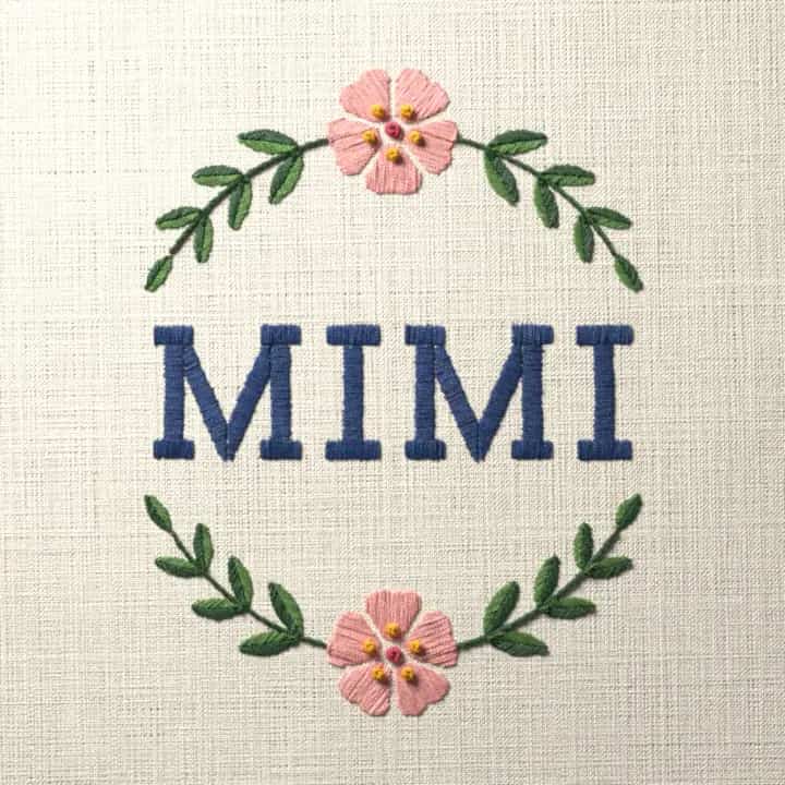 Mimi in laurel: preview of the stitched design