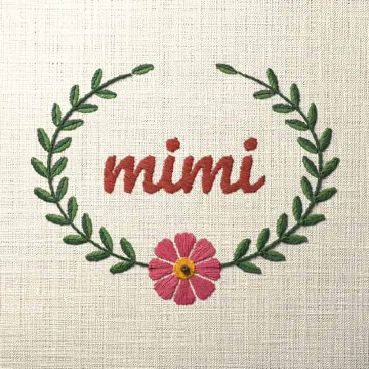 Mimi in script: preview of the stitched design