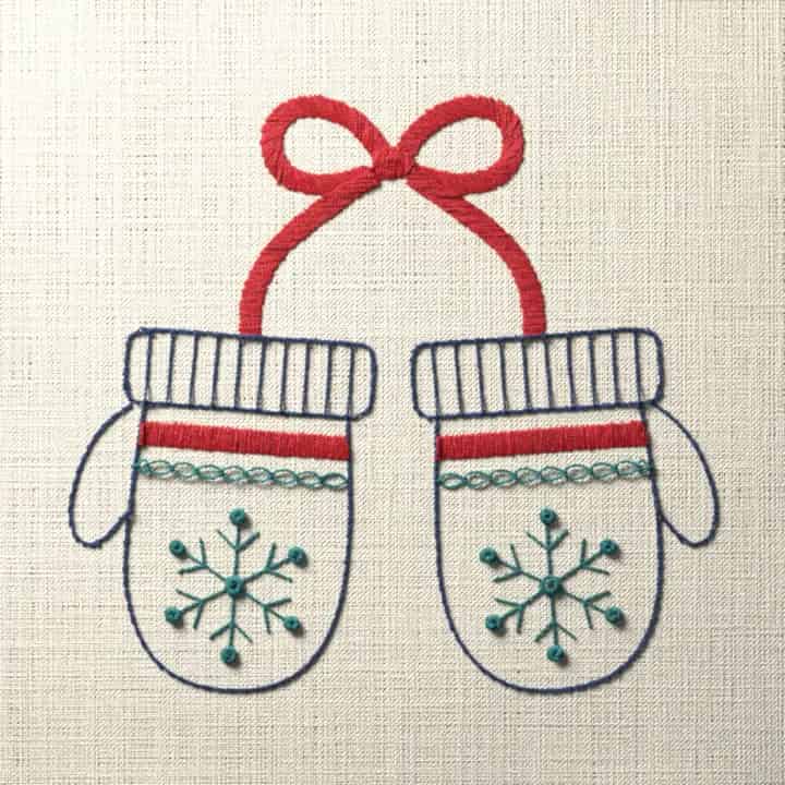 Mittens on a ribbon: preview of the stitched design