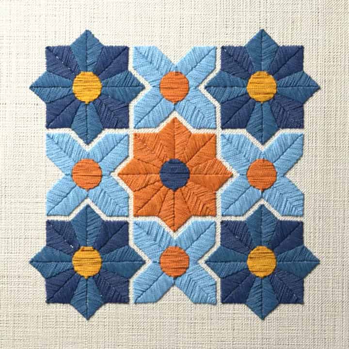 Moroccan tile in satin stitch: preview of the stitched design