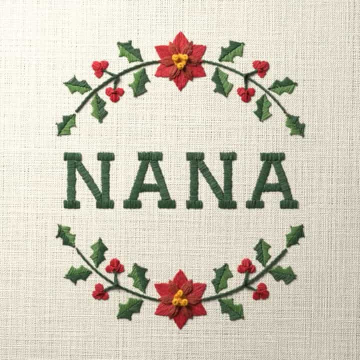 Nana in holly: preview of the stitched design