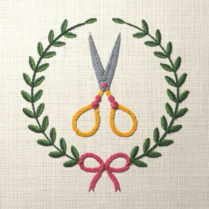 Needlework scissors in laurel: preview of the stitched design