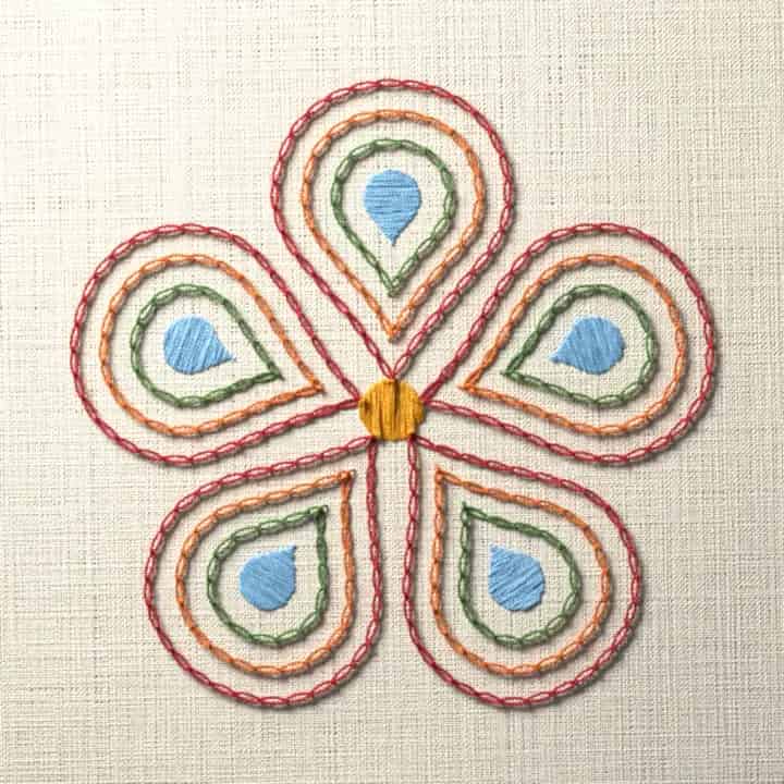 Nested rainbow flower: preview of the stitched design