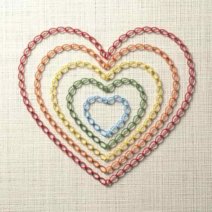 Nested rainbow heart: preview of the stitched design
