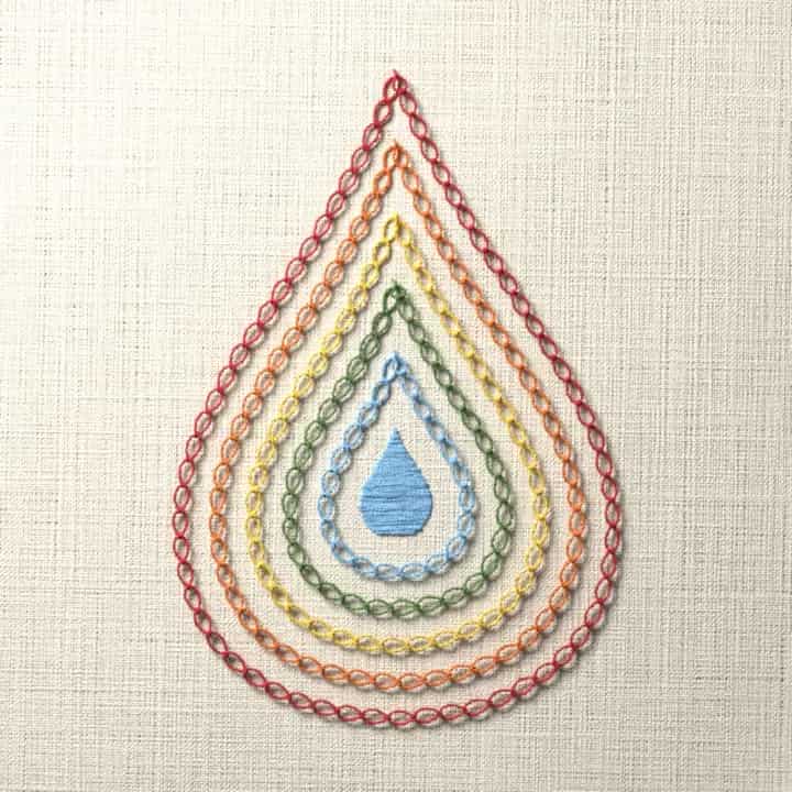Nested rainbow raindrop: preview of the stitched design