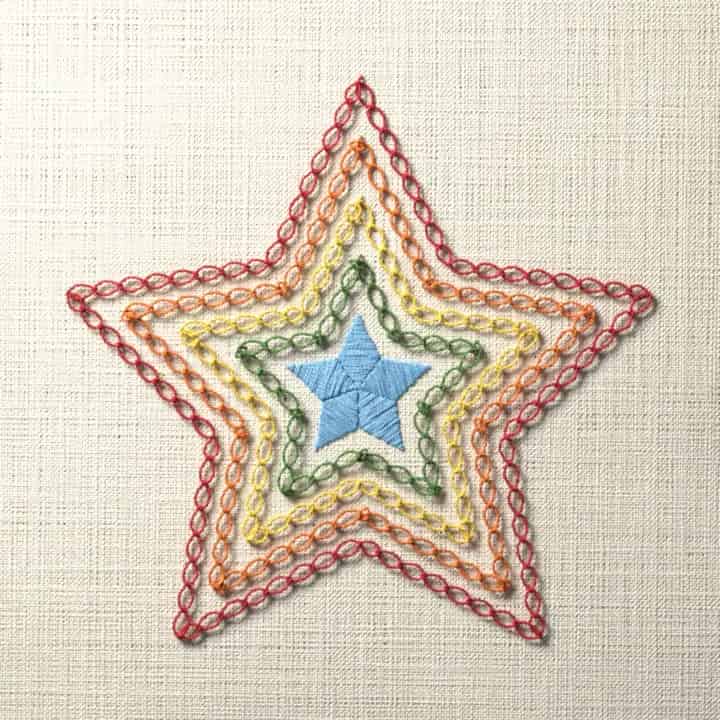 Nested rainbow star: preview of the stitched design
