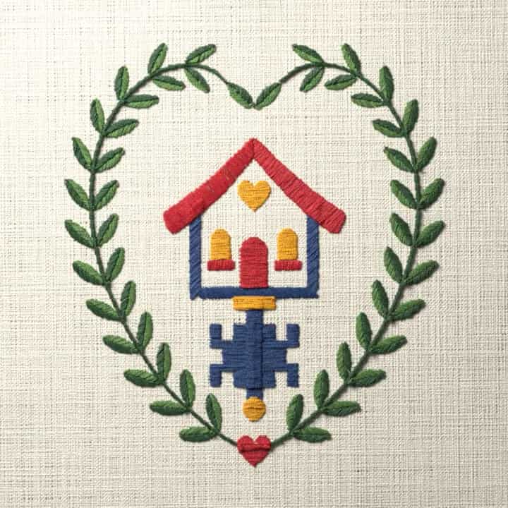 New home key in a laurel heart: preview of the stitched design