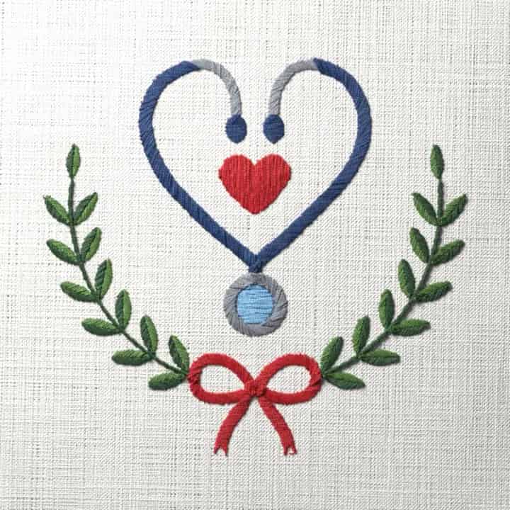 Stethoscope heart over laurel: preview of the stitched design