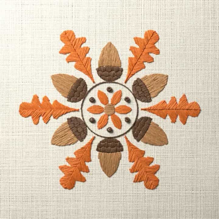 Oak leaf and acorn star: preview of the stitched design