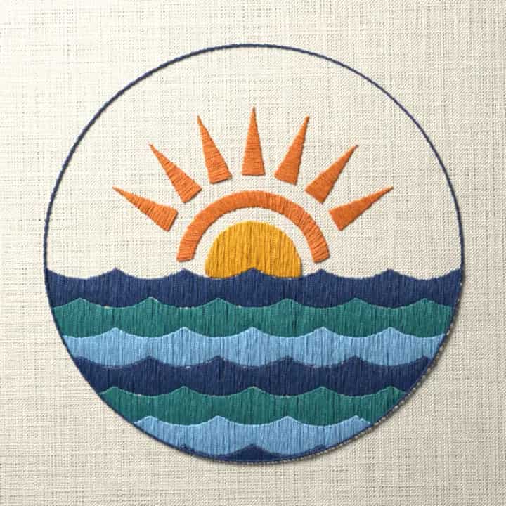 Sunrise over the ocean: preview of the stitched design