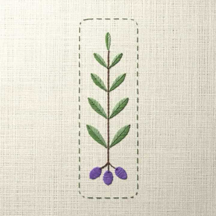 Olive branch bookmark: preview of the stitched design