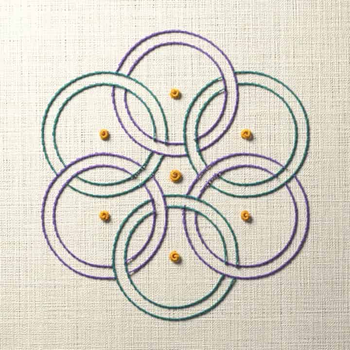 Outline stitch linked rings: preview of the stitched design