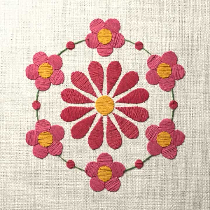 Padded satin stitch daisy medallion: preview of the stitched design