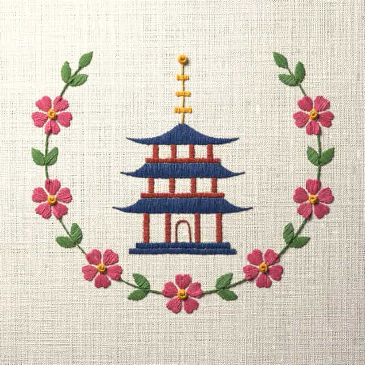 Pagoda in cherry blossom: preview of the stitched design