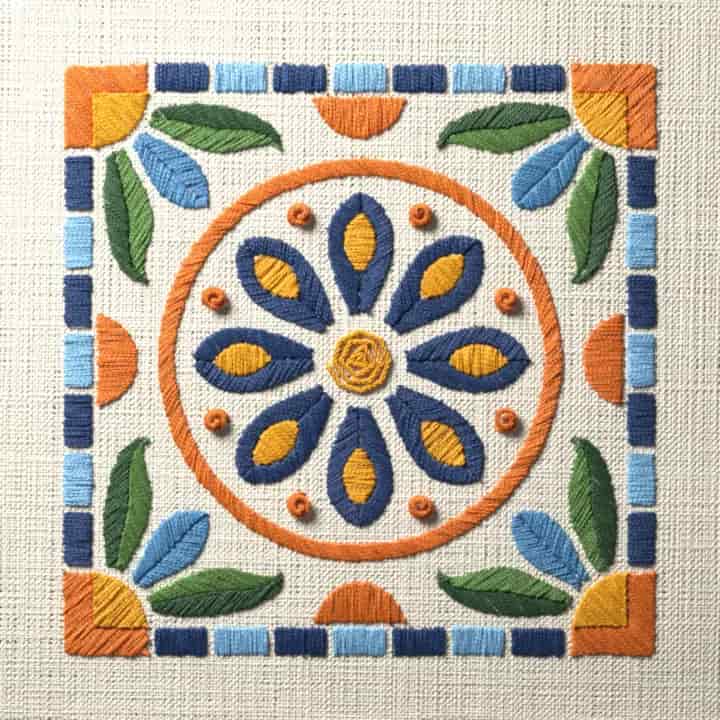 Painted tile flower in satin stitch: preview of the stitched design