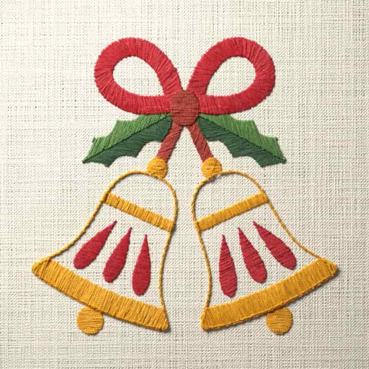 Christmas bells with a bow and holly: preview of the stitched design