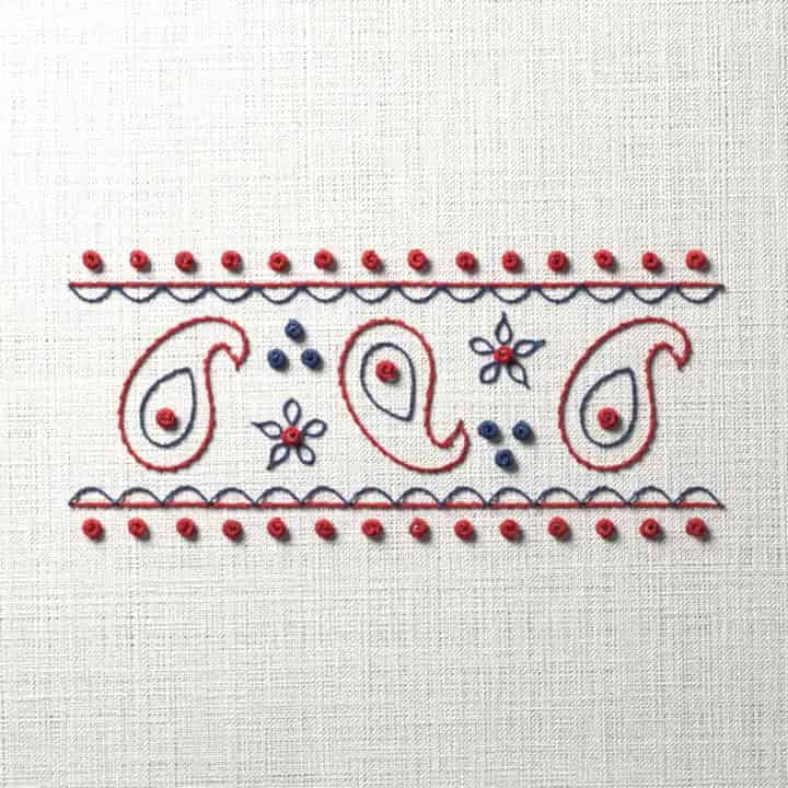 Bandana-style paisley border: preview of the stitched design