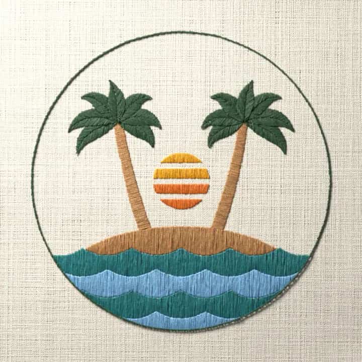Palm island at sunset: preview of the stitched design