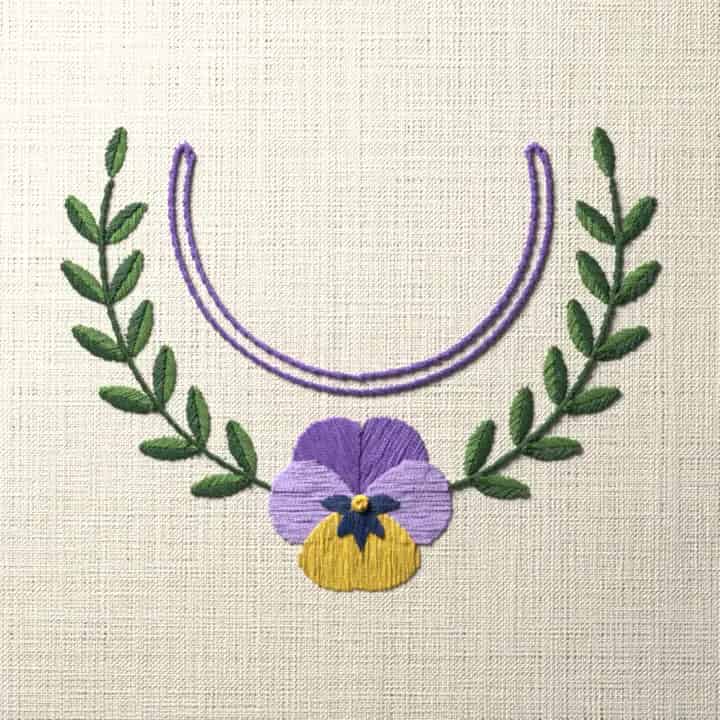 Round pansy neckline: preview of the stitched design