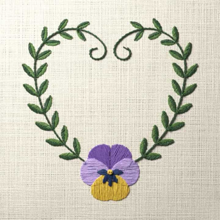 Pansy vine heart: preview of the stitched design