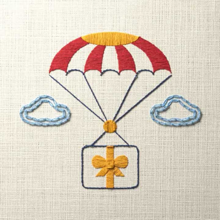 Parachute with a parcel: preview of the stitched design