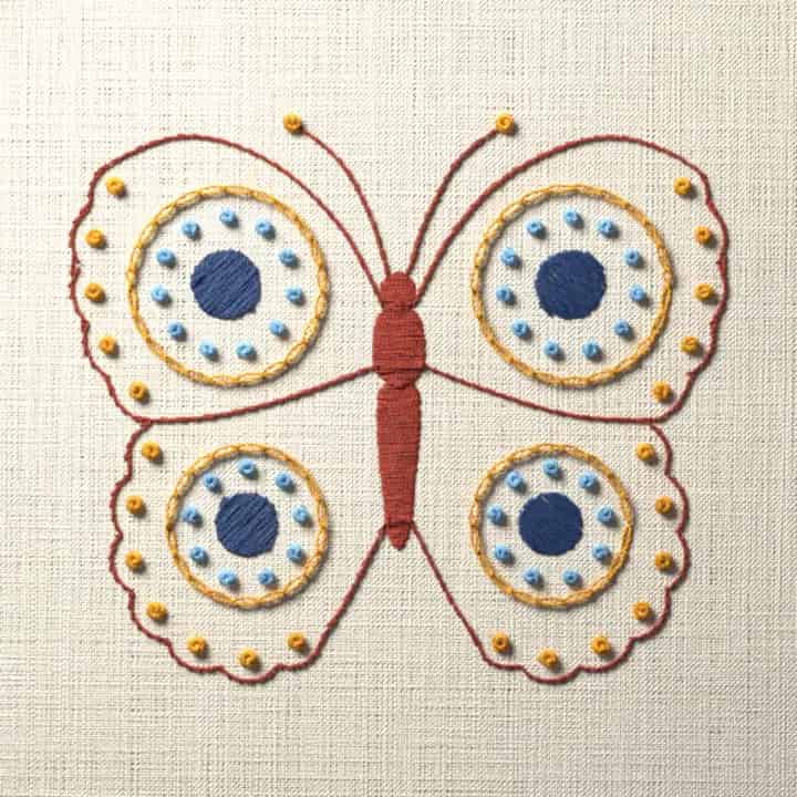 Peacock butterfly with eye spots: preview of the stitched design