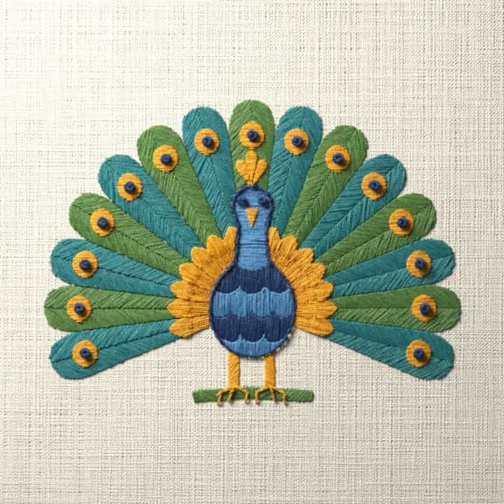 Peacock in full display: preview of the stitched design