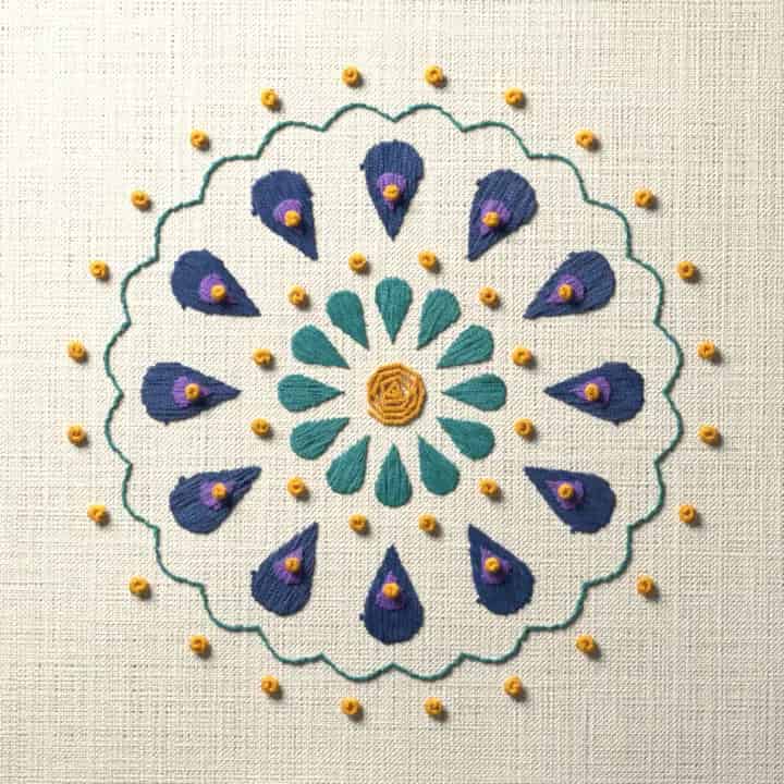 Peacock mandala: preview of the stitched design