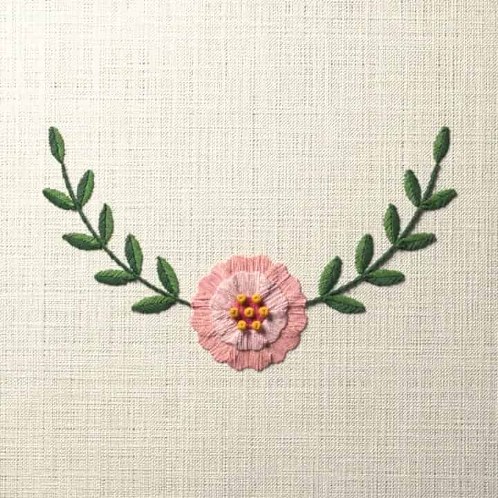 Peony crescent spray: preview of the stitched design