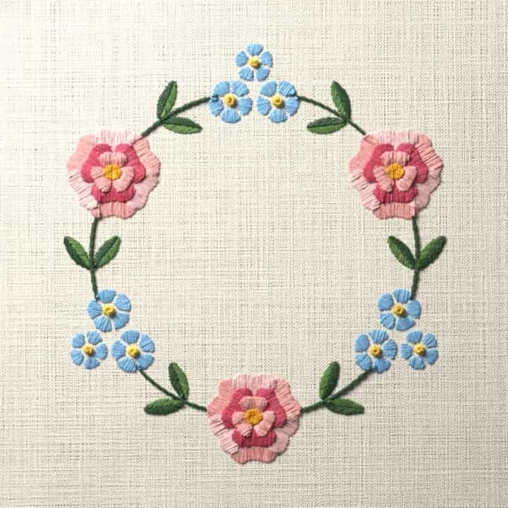 Peony and forget-me-not wreath: preview of the stitched design