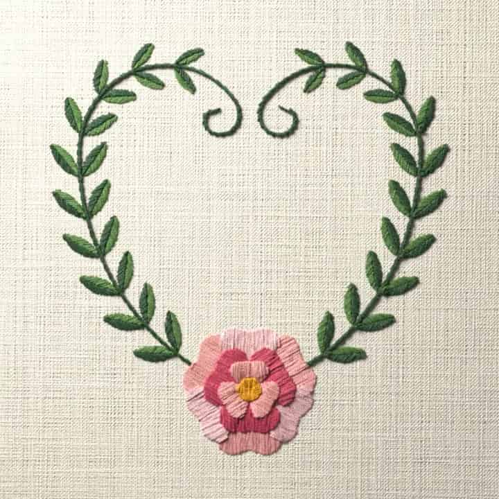 Peony vine heart: preview of the stitched design