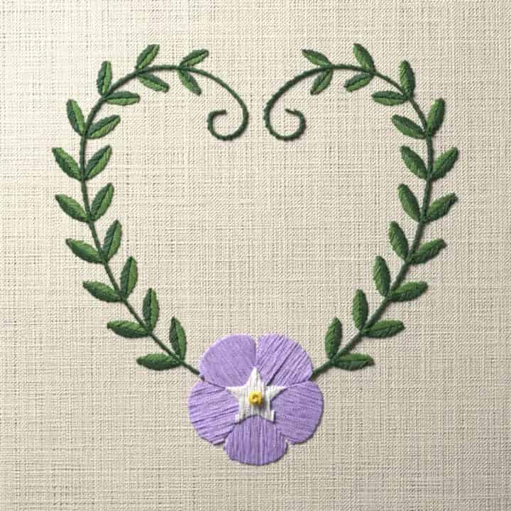 Periwinkle vine heart: preview of the stitched design