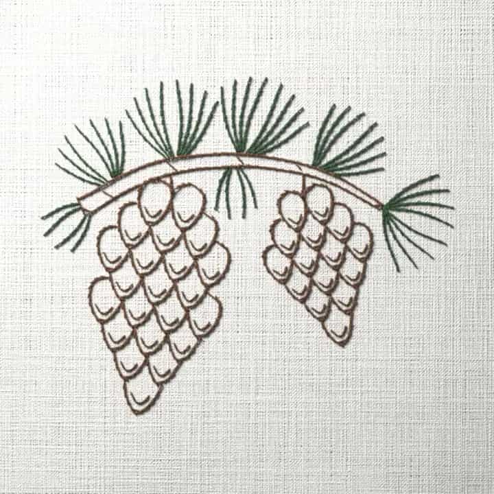 Pine cones on a branch: preview of the stitched design