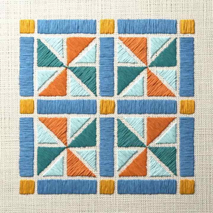 Pinwheel quilt with sashing: preview of the stitched design