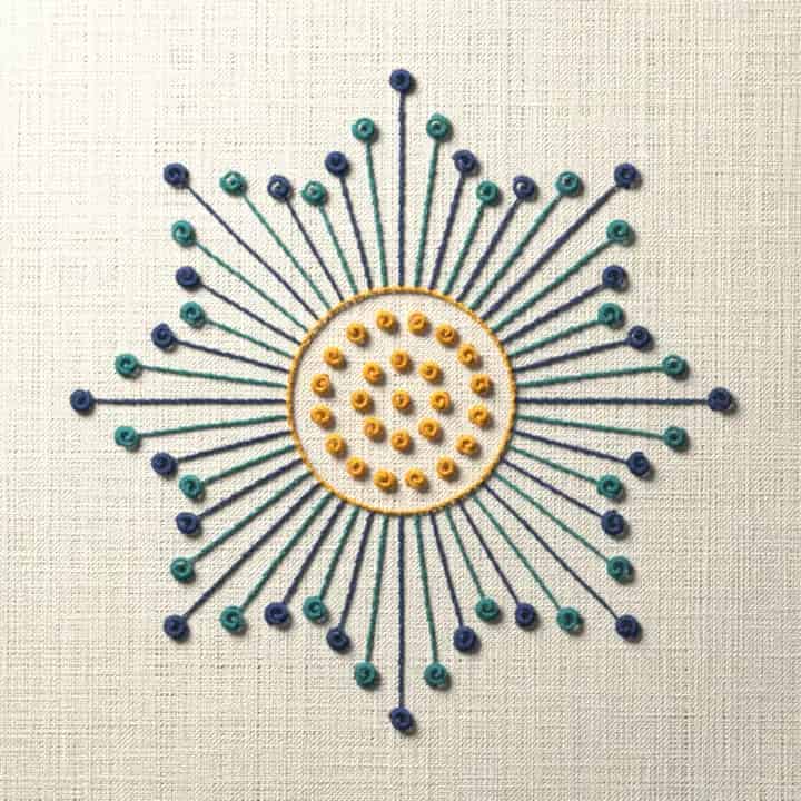 Pistil stitch starflower: preview of the stitched design