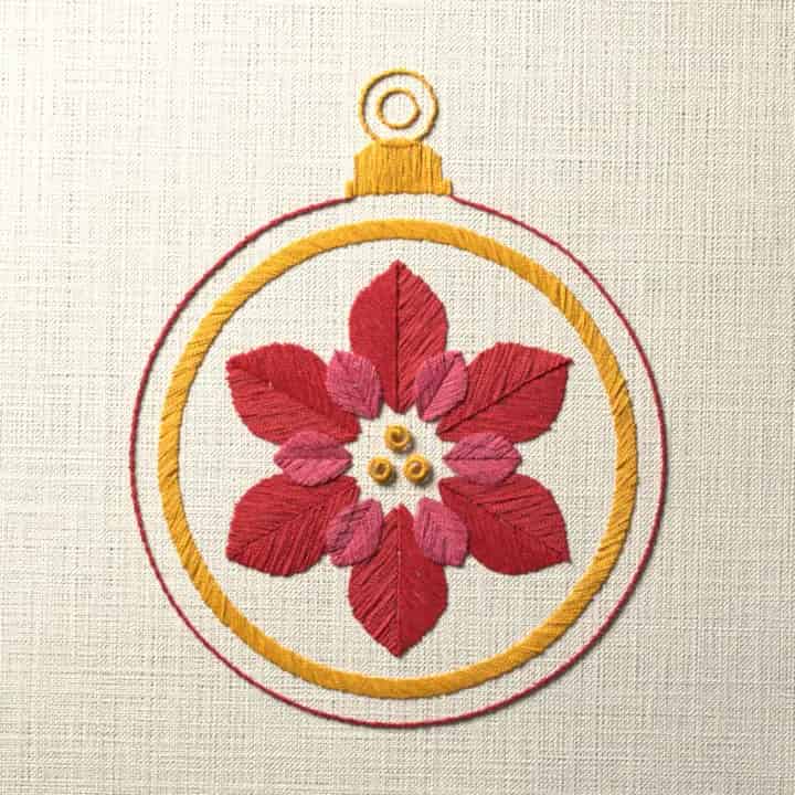 Poinsettia bauble: preview of the stitched design
