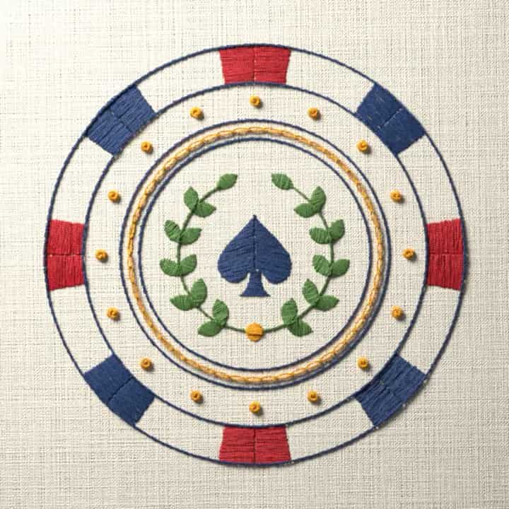 Poker chip with spade and wreath: preview of the stitched design