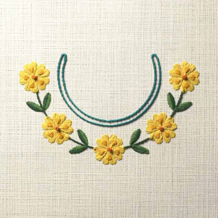 Neckline with a primrose garland: preview of the stitched design
