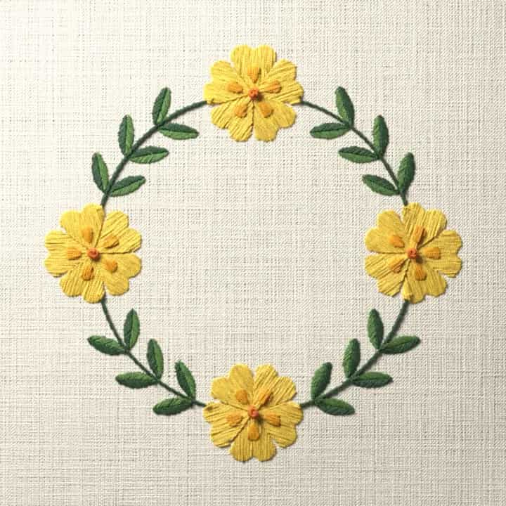 Primrose ring wreath: preview of the stitched design